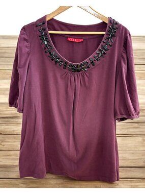 Elle Womens Size 3X Plum Shirt Top with Black Beaded Neckline Shirt Sleeve